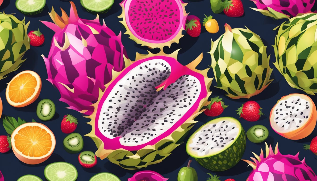 A vibrant dragon fruit sliced open, revealing its white and speckled interior, surrounded by a variety of fresh fruits and vegetables