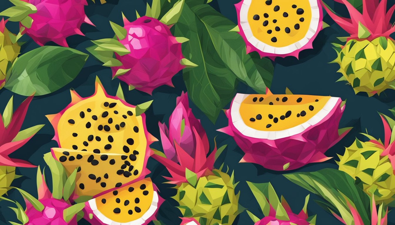 A vibrant dragon fruit with green, spiky leaves sits on a cutting board, surrounded by other colorful fruits. A knife slices through the fruit, revealing its juicy, white flesh dotted with black seeds