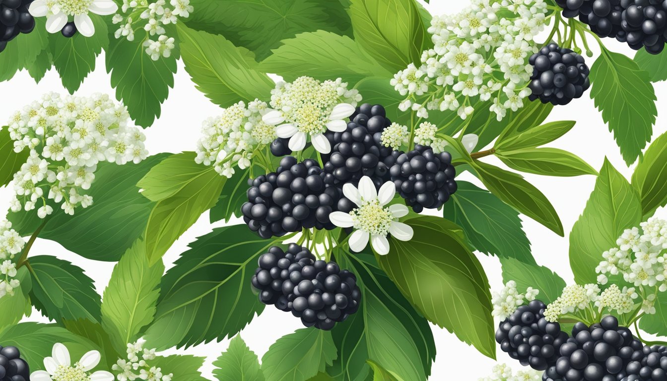 A cluster of ripe elderberries hangs from a lush green branch, surrounded by vibrant leaves and delicate white flowers