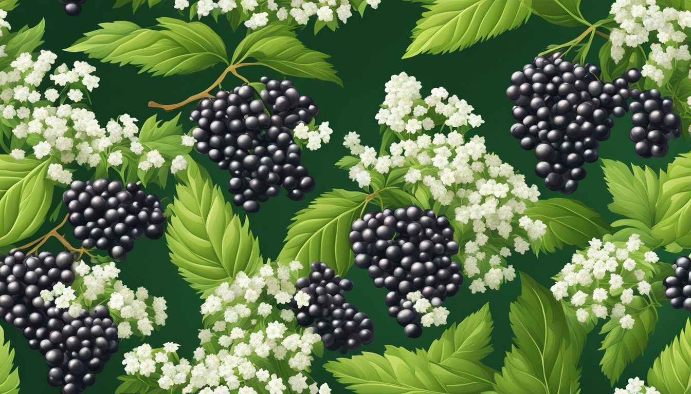 A colorful illustration of elderberry bushes with ripe berries, surrounded by vibrant green leaves and small white flowers, symbolizing their digestive health benefits