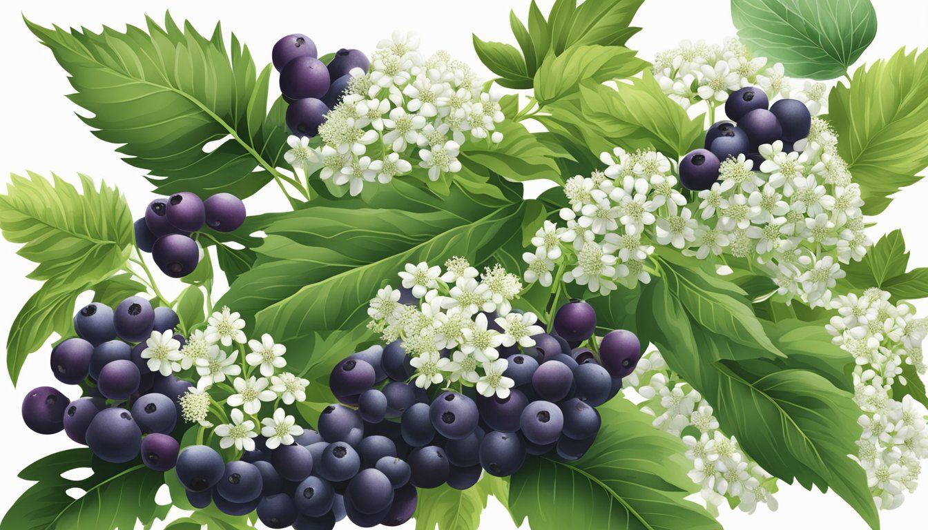 A vibrant elderberry bush bursting with ripe, dark purple berries, surrounded by lush green leaves and delicate white flowers