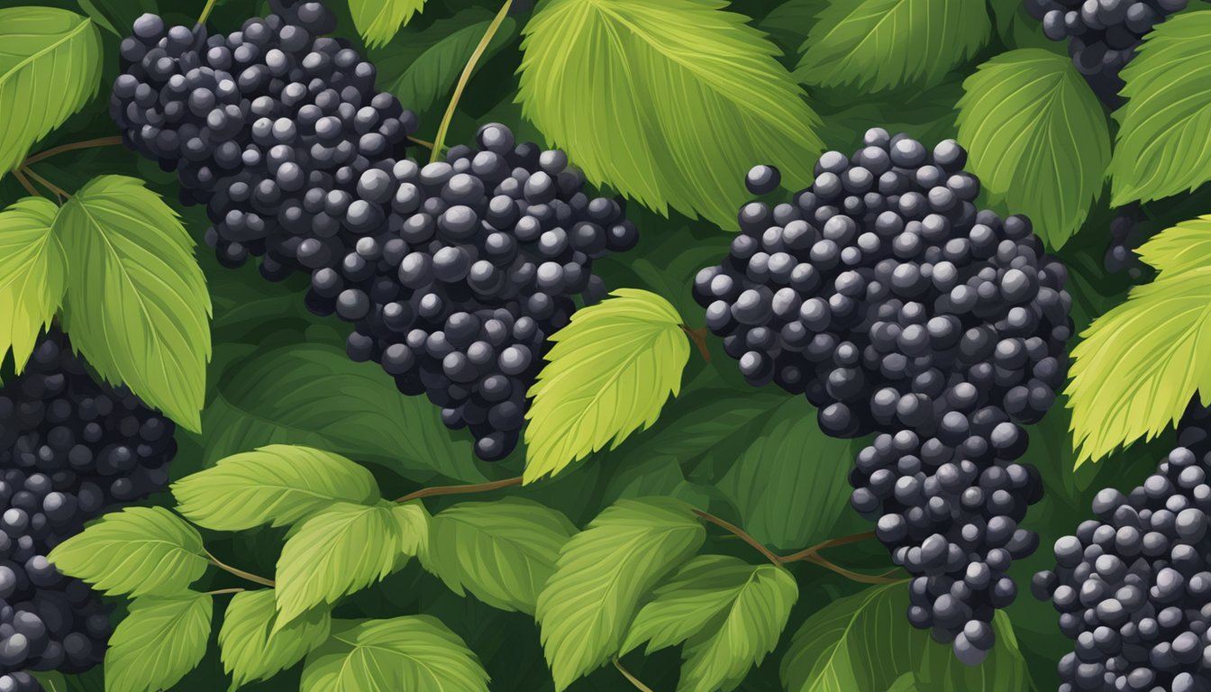 A group of ripe elderberry clusters hanging from a bush, surrounded by lush green leaves