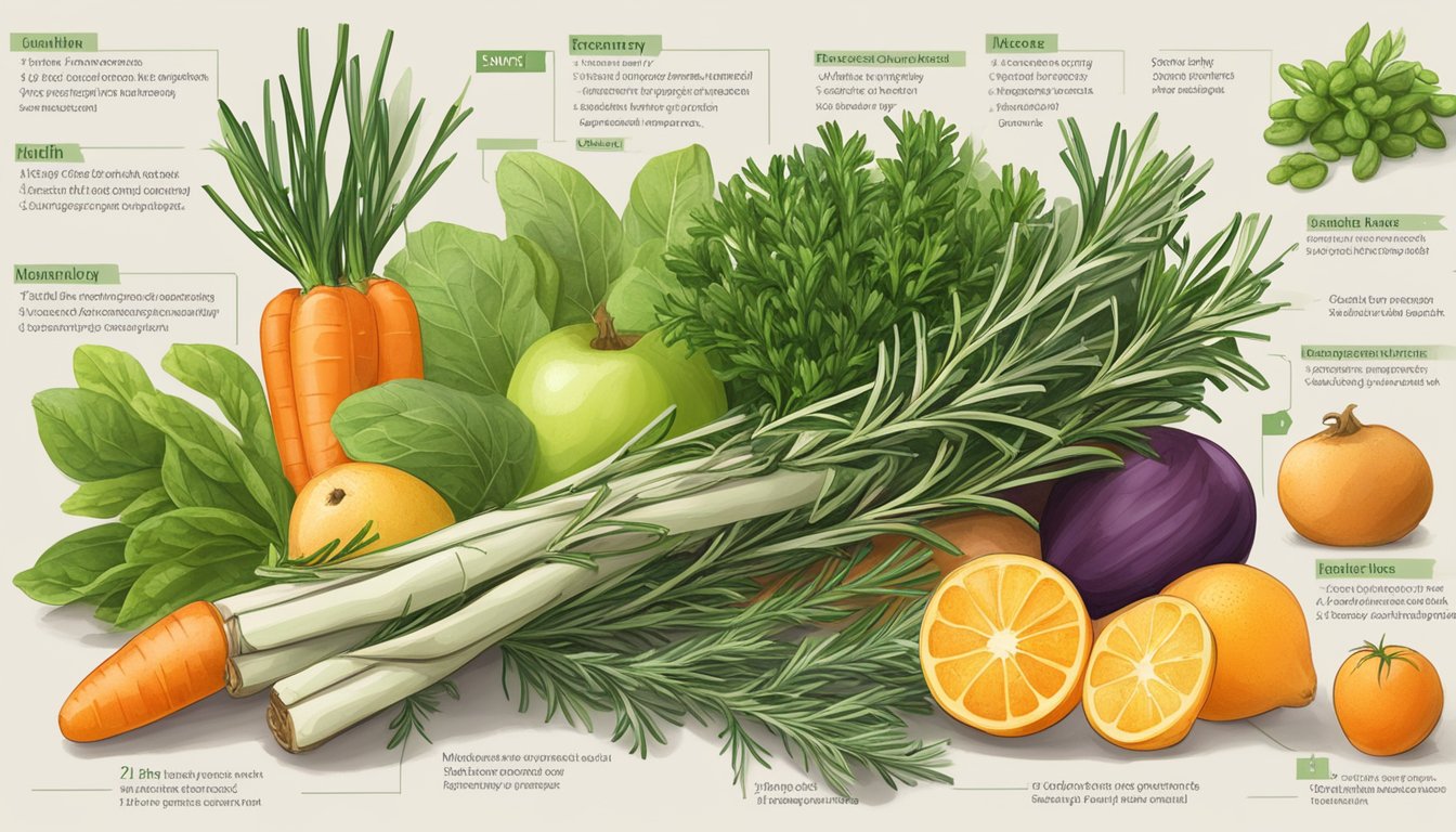 A sprig of rosemary surrounded by various fruits and vegetables, with a nutrition label and a list of health benefits displayed nearby