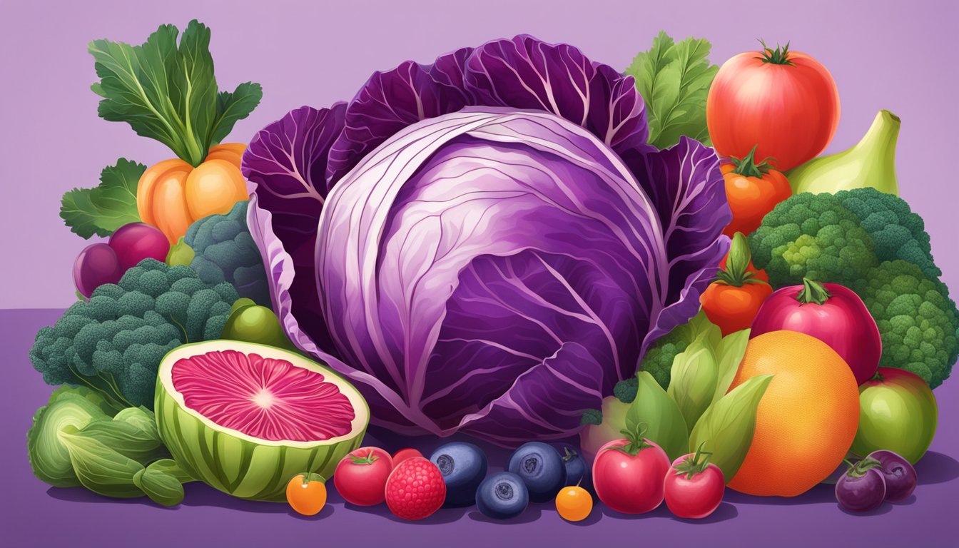 A vibrant red cabbage surrounded by various fruits and vegetables, with a glowing halo to symbolize its numerous health benefits