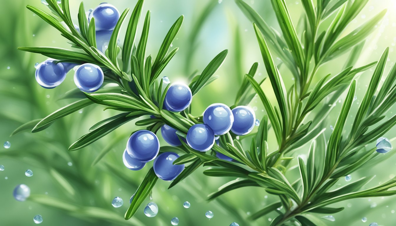 A sprig of fresh rosemary surrounded by vibrant green leaves, with small droplets of water glistening in the sunlight