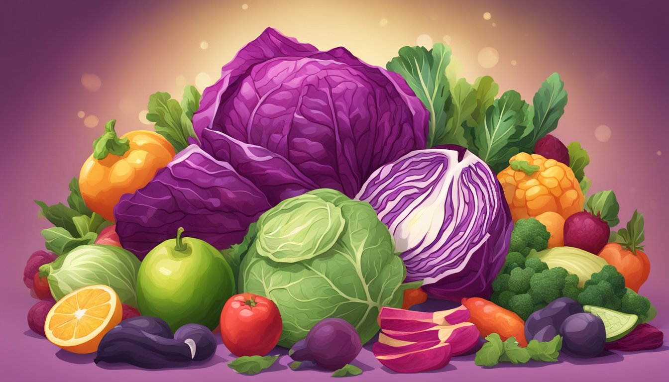 A colorful pile of freshly chopped red cabbage surrounded by various fruits and vegetables, with a bright spotlight highlighting its vibrant and nutritious qualities