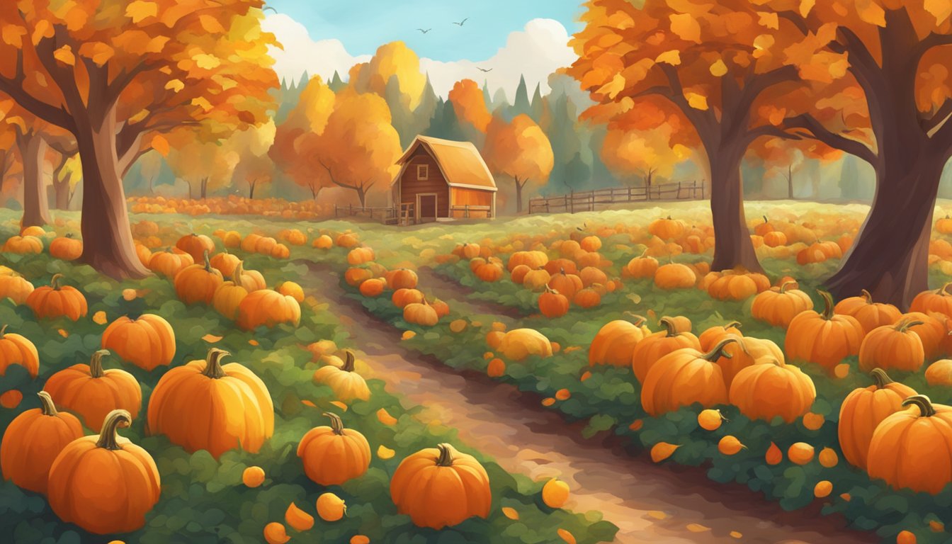 A vibrant pumpkin patch surrounded by colorful autumn foliage, with various sizes and shapes of pumpkins scattered across the ground