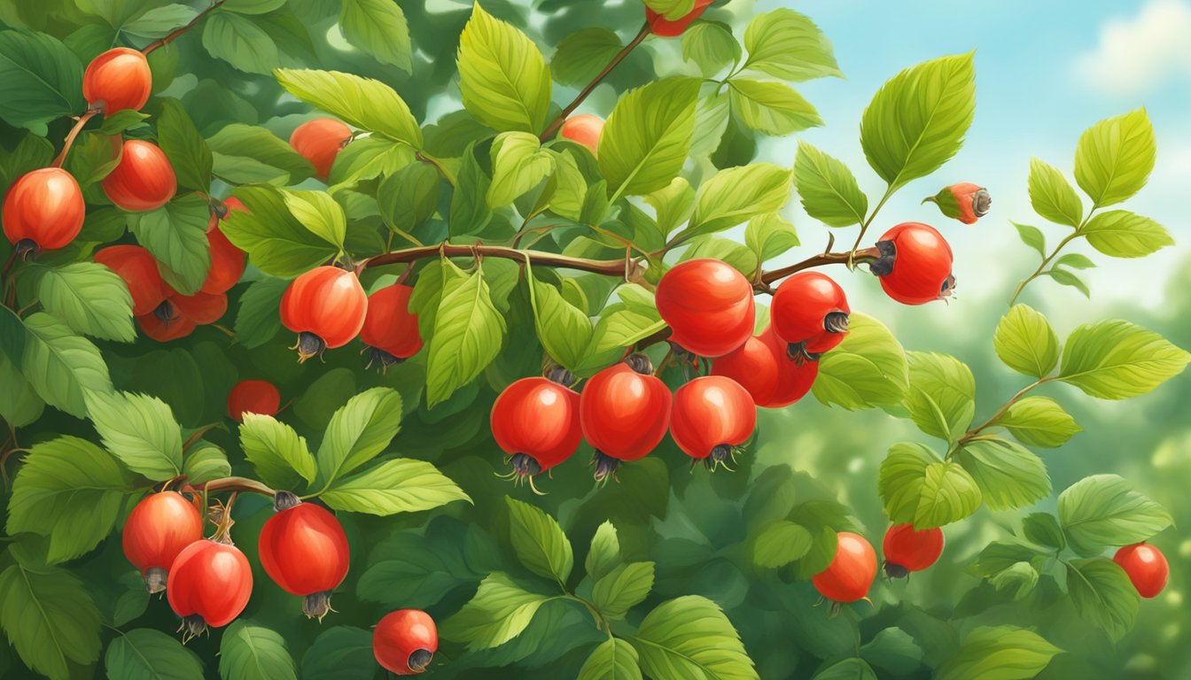 A vibrant rosehip bush bursting with ripe red fruit, surrounded by lush green foliage and bathed in warm sunlight