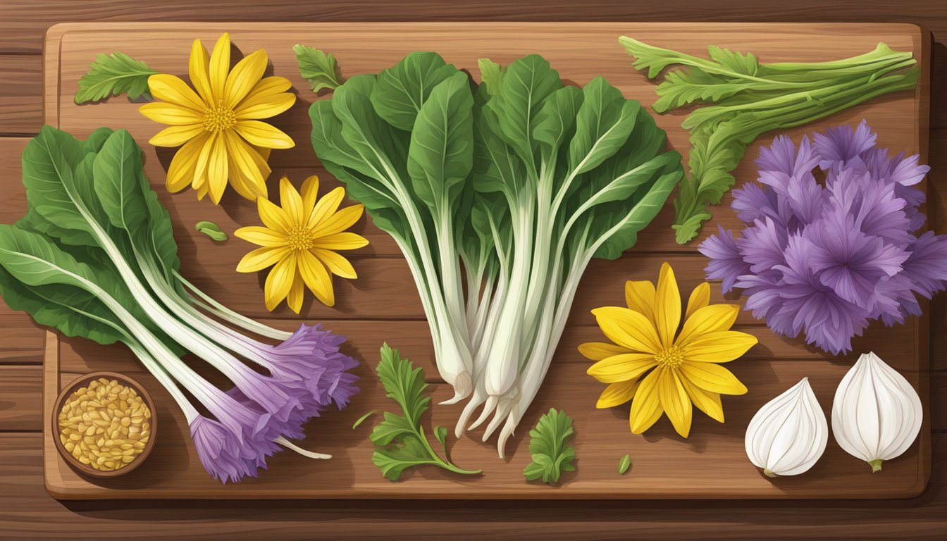 A colorful array of chicory leaves, flowers, and roots arranged on a wooden cutting board, highlighting its health benefits and nutritional composition