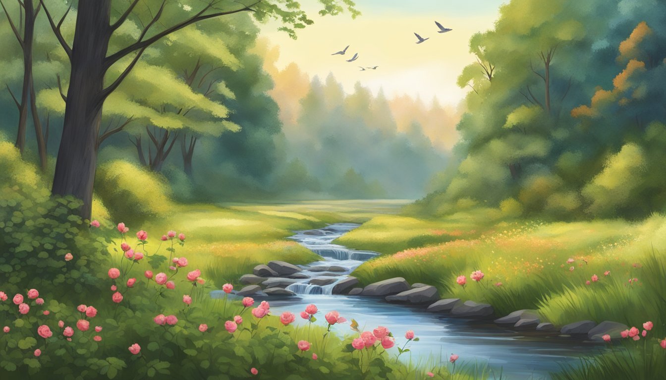 A serene forest clearing, with vibrant rosehip bushes in the foreground and a peaceful stream in the background. Birds flutter around, adding a sense of tranquility to the scene