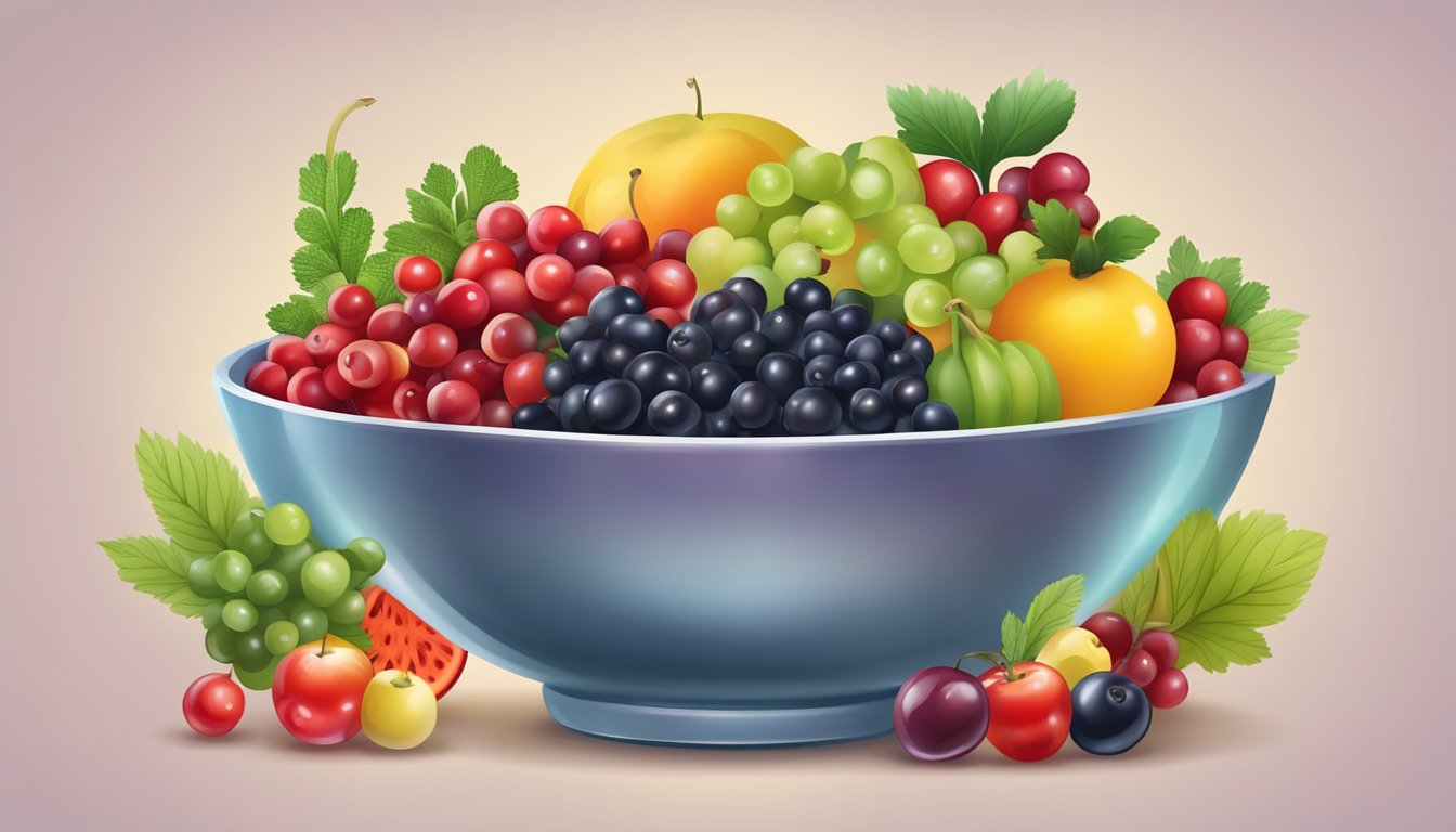 A bowl of fresh currants surrounded by a variety of colorful fruits and vegetables, showcasing the nutritional benefits and health advantages of consuming currants