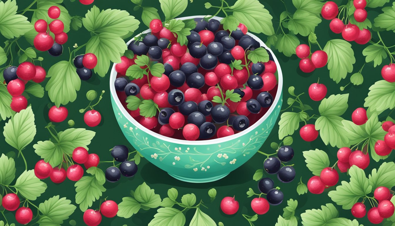 A bowl of fresh currants surrounded by vibrant green leaves and small blossoms, with a heart-shaped symbolizing heart health