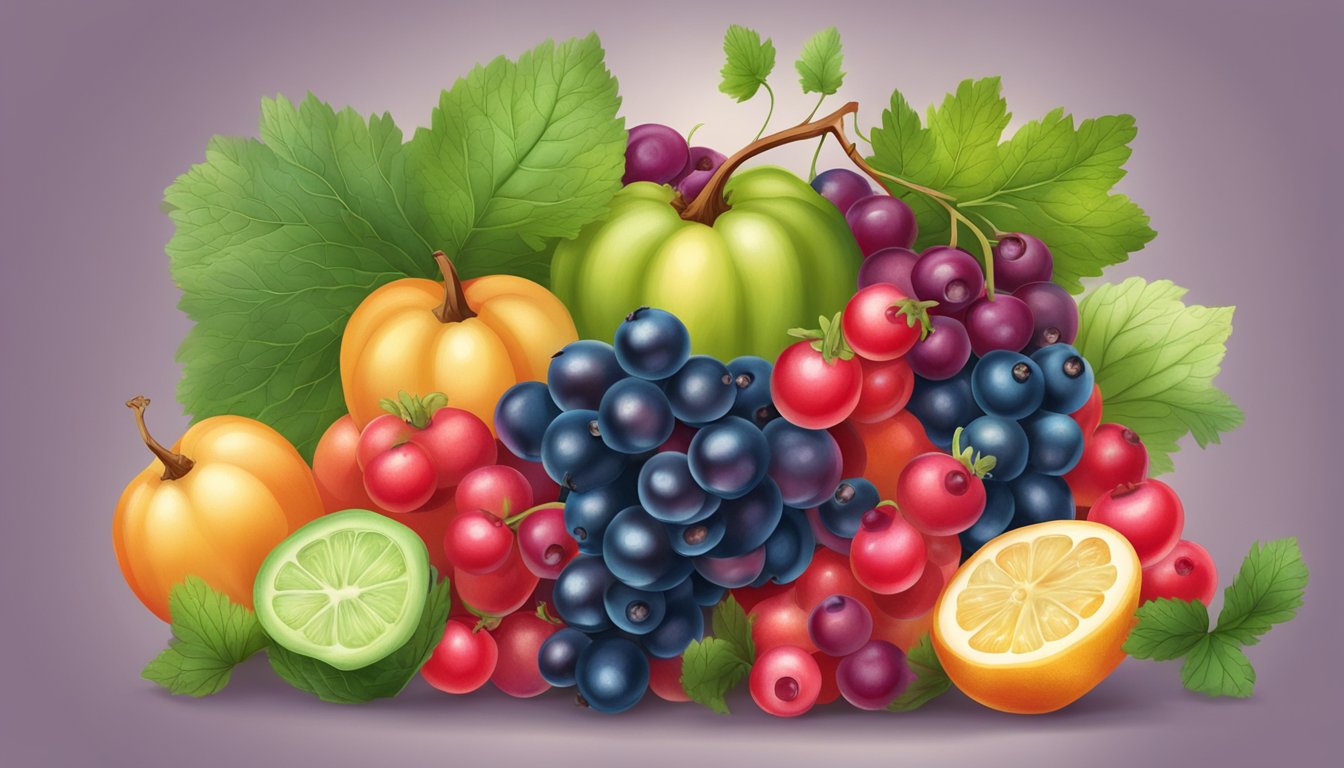 A vibrant bunch of currants surrounded by various fruits and vegetables, with a glowing halo to symbolize immune support and disease prevention