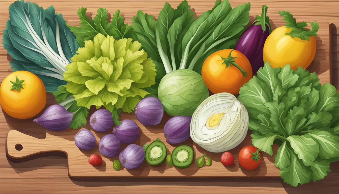 A colorful array of chicory leaves and flowers arranged on a wooden cutting board, with a variety of fresh fruits and vegetables surrounding it