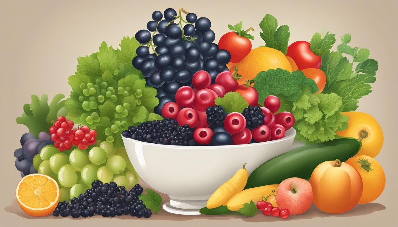 A bowl of fresh currants surrounded by a variety of fruits and vegetables, with a prominent sign reading "Support for Digestive Health."