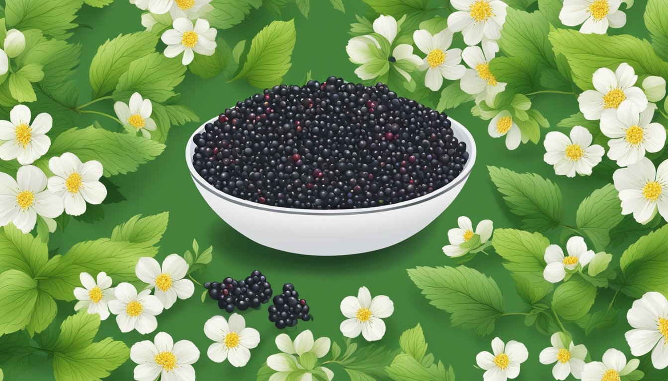 A bowl of fresh currants surrounded by vibrant green leaves and a scattering of flowers, showcasing their natural beauty and potential for culinary use