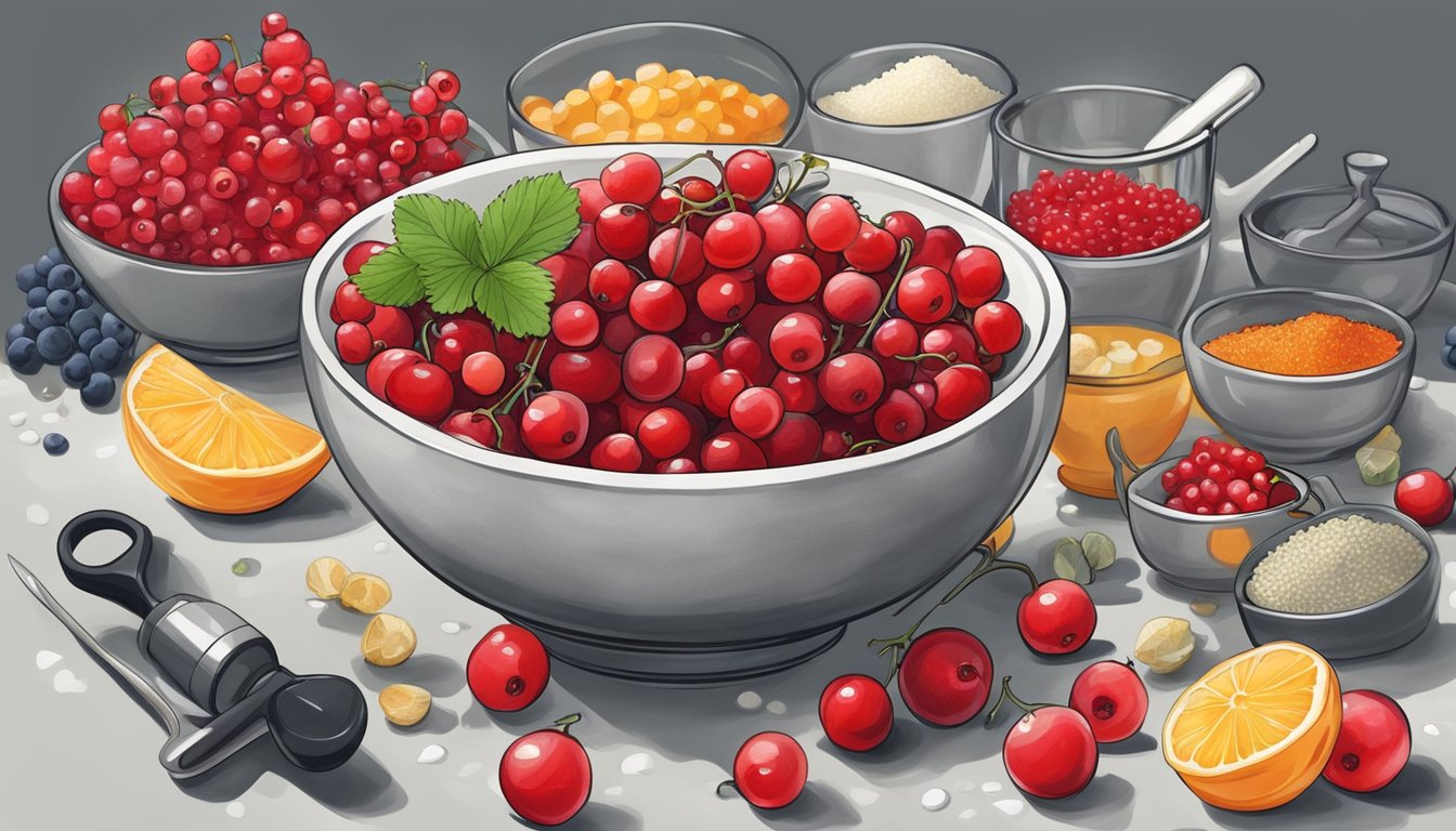 A bowl of vibrant red currants surrounded by a variety of culinary tools and ingredients, with a focus on the fresh, healthy appearance of the fruit