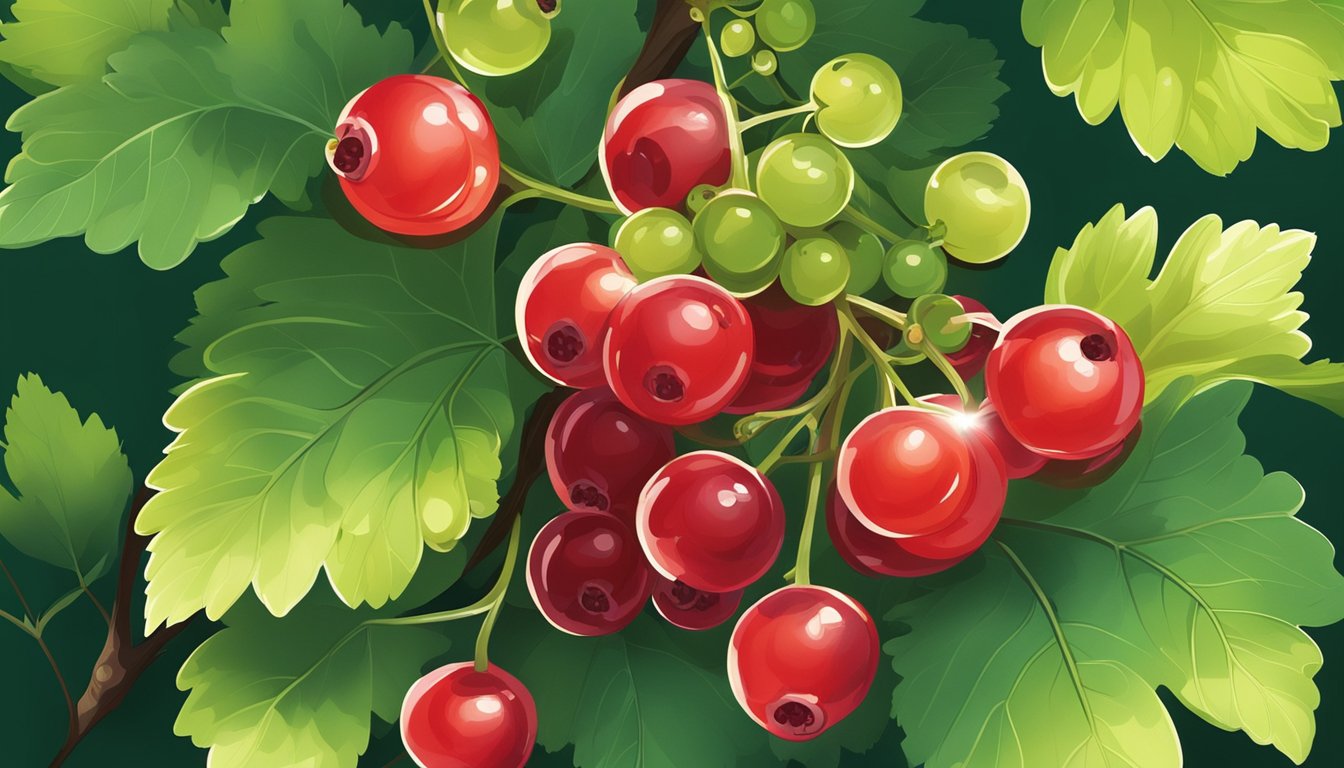 A cluster of ripe red currants surrounded by vibrant green leaves on a bush. Sunlight filters through the leaves, highlighting the glossy, translucent skin of the berries