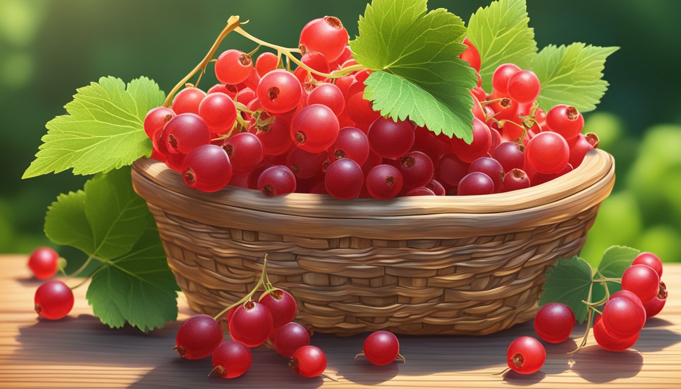 A basket of ripe red currants sits on a wooden table, surrounded by green leaves and stems. The vibrant red berries glisten in the sunlight, showcasing their health benefits