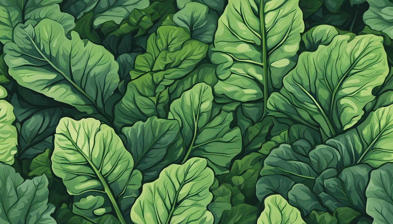 A lush bunch of collard greens stands tall, surrounded by other leafy greens. The vibrant, dark green leaves convey a sense of vitality and health