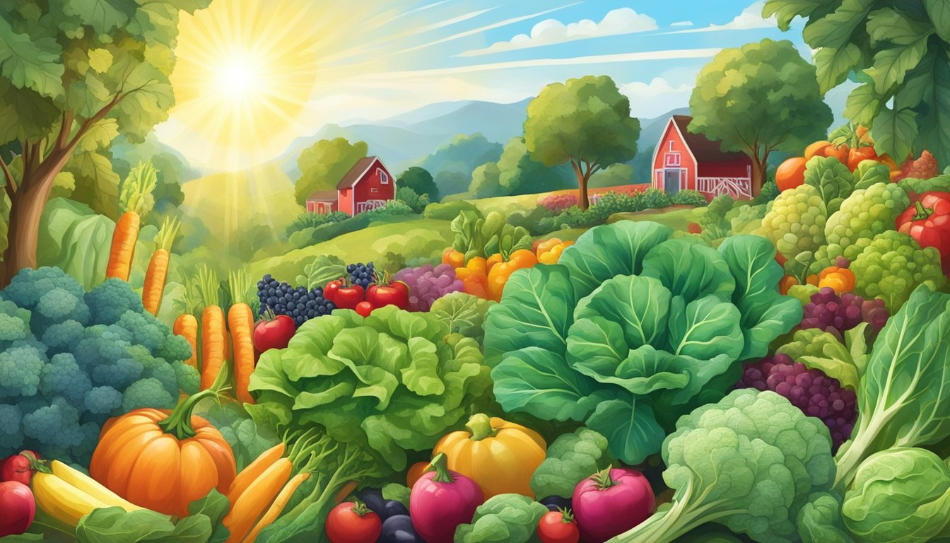 A bountiful garden with vibrant collard greens growing tall and lush, surrounded by other colorful vegetables and fruits. Sunshine beams down, highlighting the healthful bounty