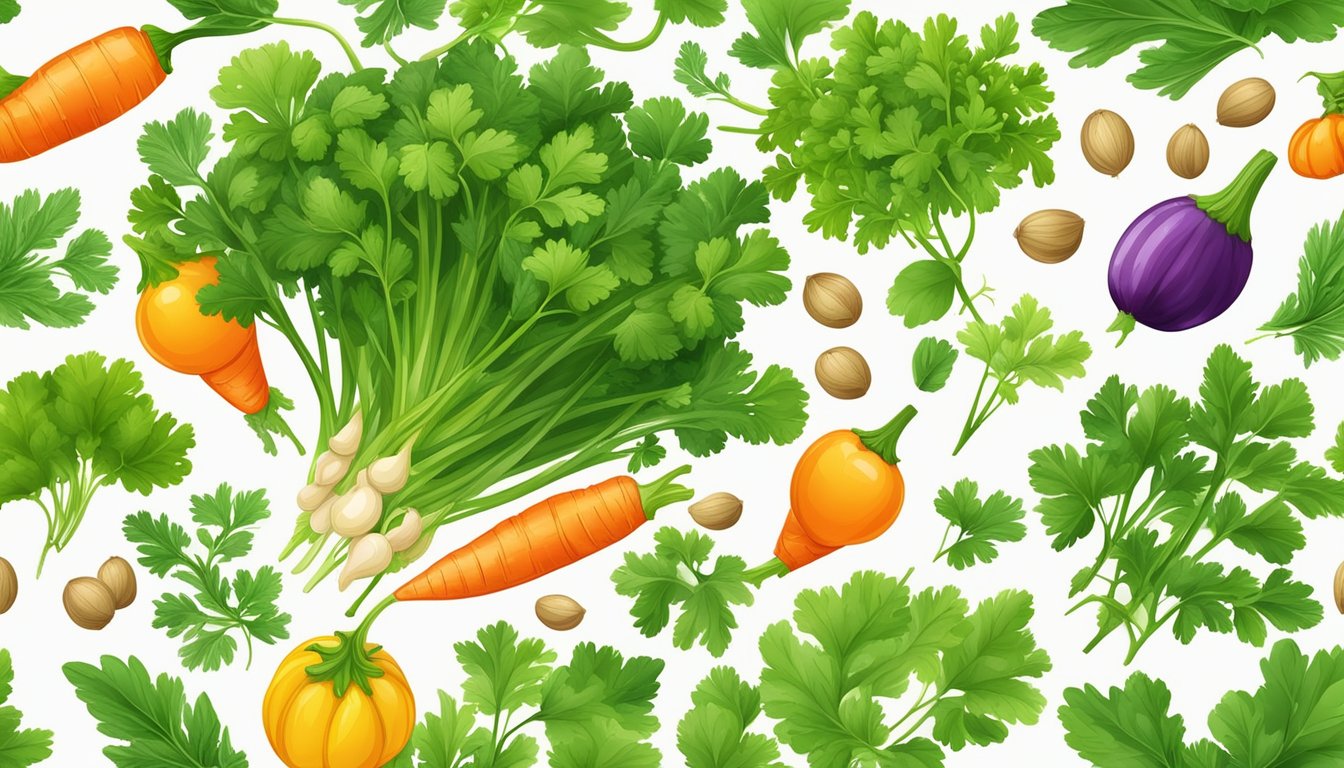 Fresh coriander leaves and seeds surrounded by vibrant vegetables and herbs, evoking a sense of freshness and health