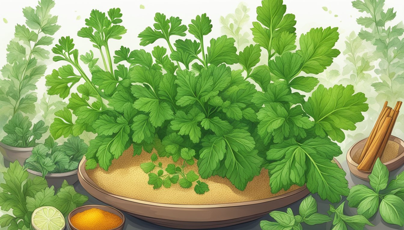 A lush coriander plant surrounded by various herbs and spices, with a glowing aura emanating from it