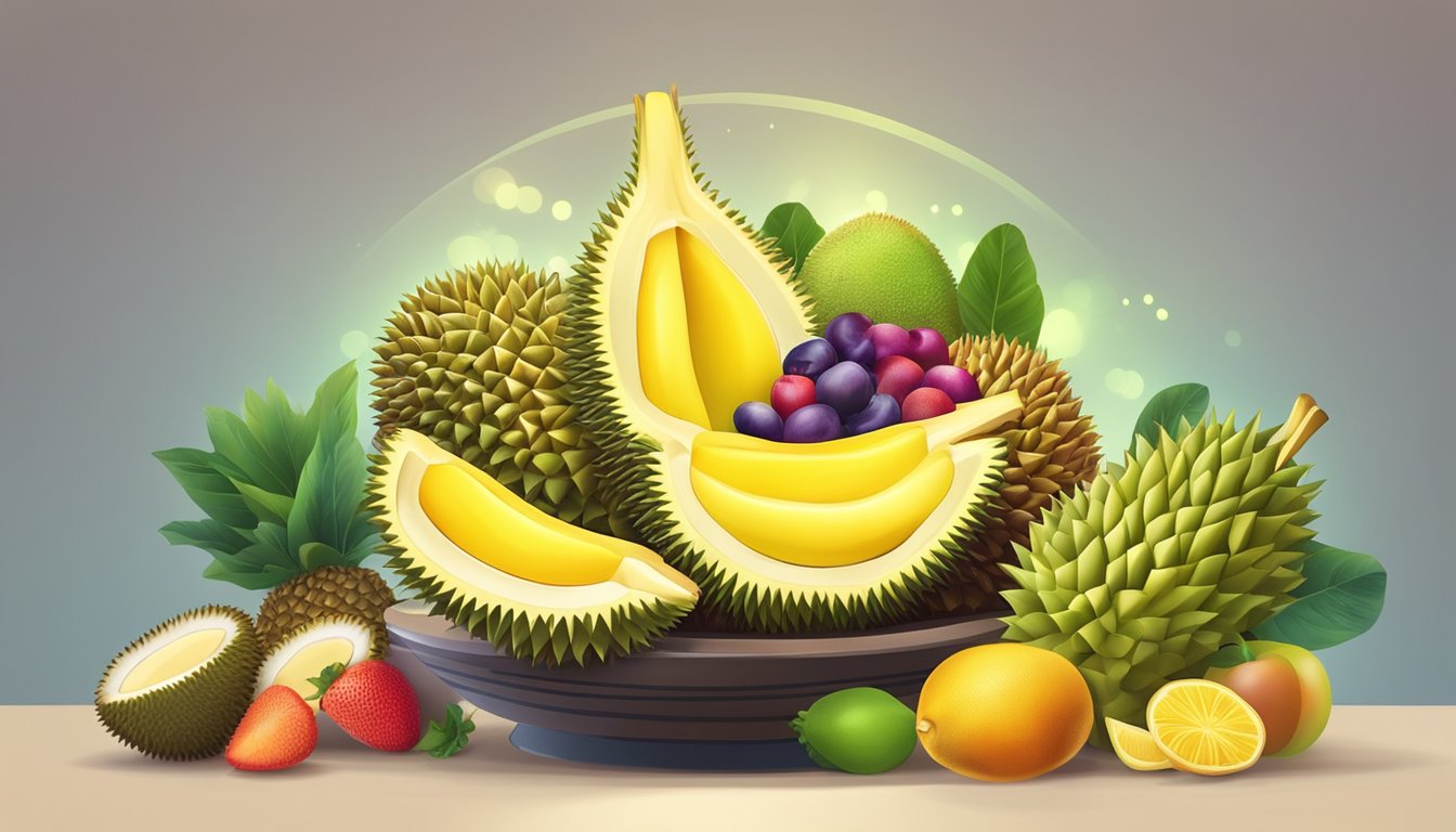 A colorful fruit bowl with sliced durian, surrounded by other fruits and vegetables, with a glowing halo effect around the durian