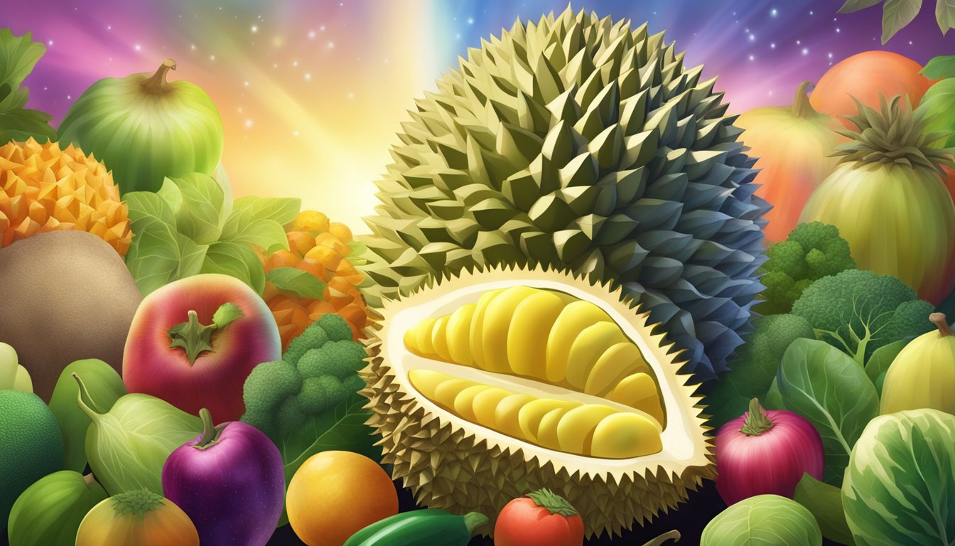 A durian fruit surrounded by a variety of other fruits and vegetables, with a glowing aura around it, symbolizing its health benefits