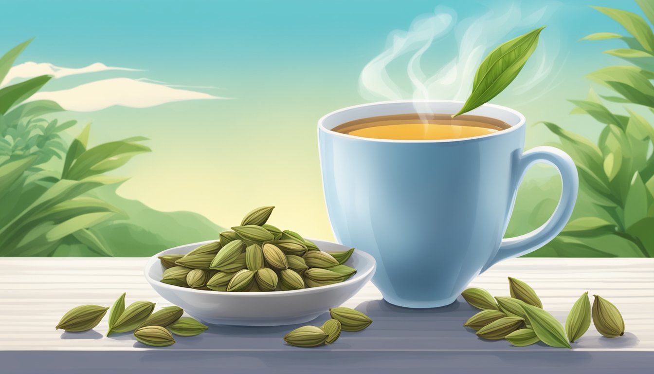 A steaming cup of cardamom tea surrounded by fresh green cardamom pods and a clear blue sky in the background