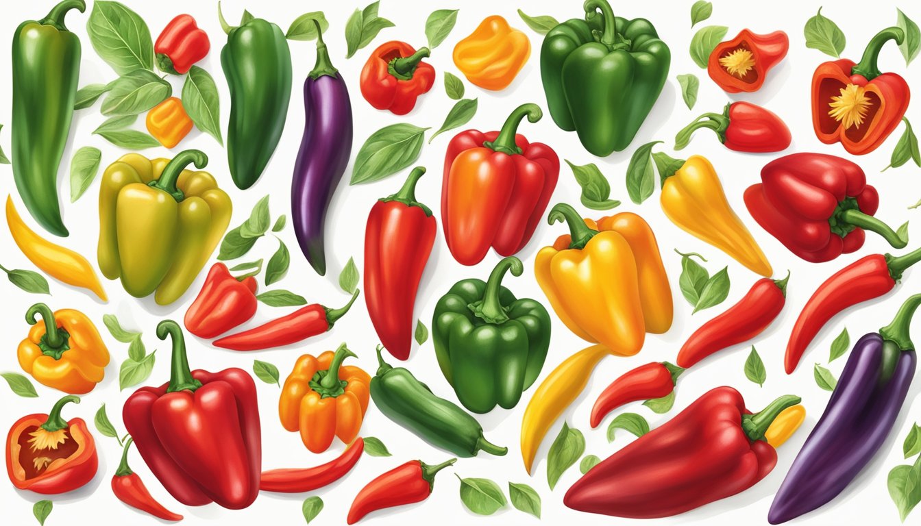 A colorful array of capsicum peppers, ranging from vibrant red to deep green, surrounded by images of healthy heart, improved immunity, and weight management