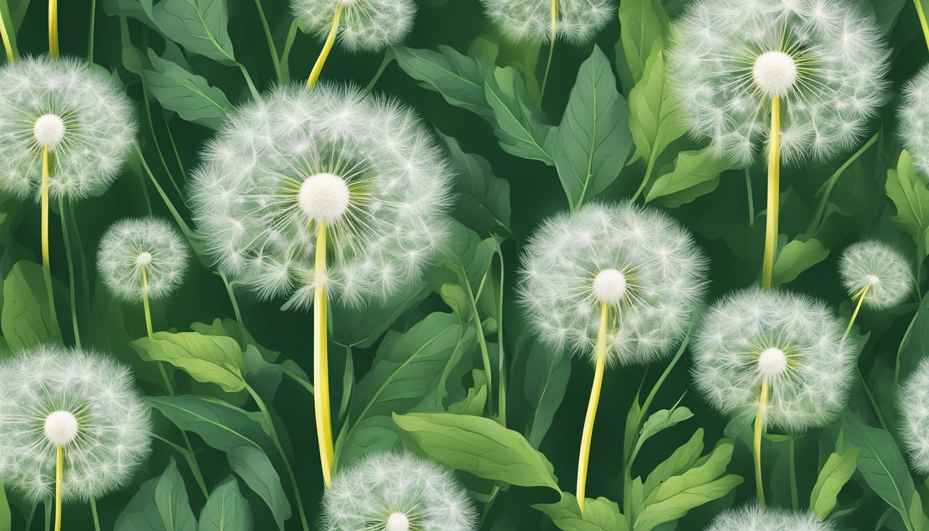 A vibrant dandelion plant surrounded by fresh green dandelion leaves, with a scale and measuring tape nearby