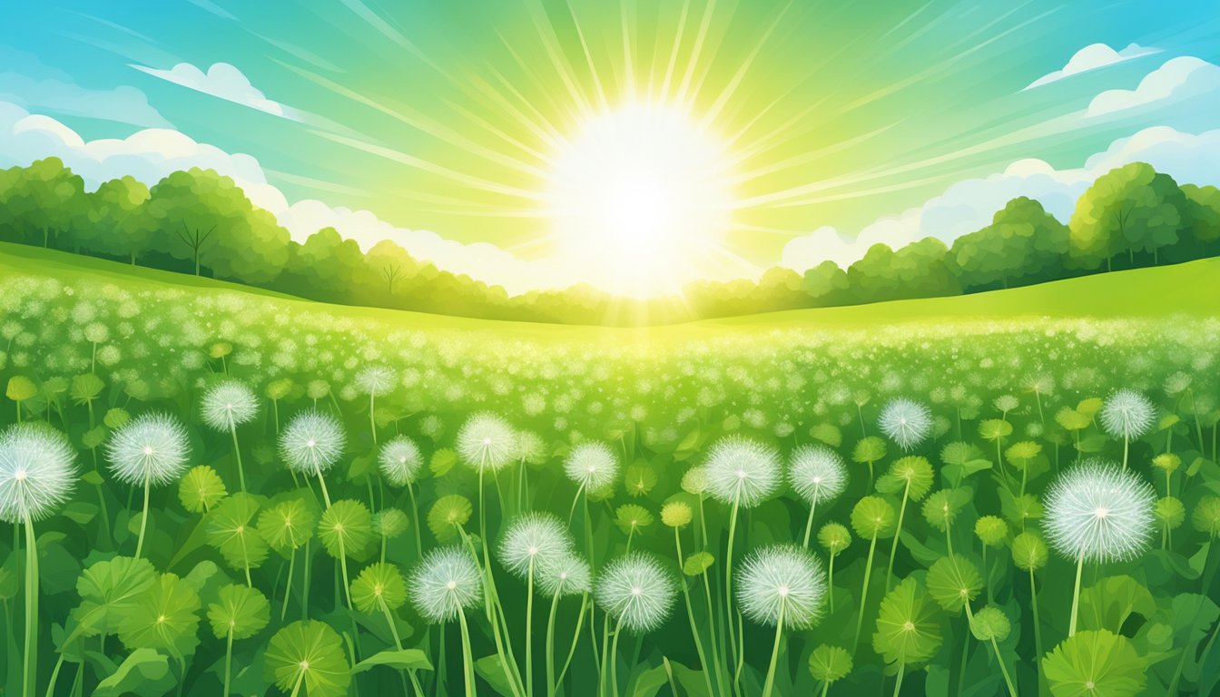 A vibrant green field of dandelion greens, with a clear blue sky and a bright sun shining down, showcasing the potential health benefits of this nutritious plant