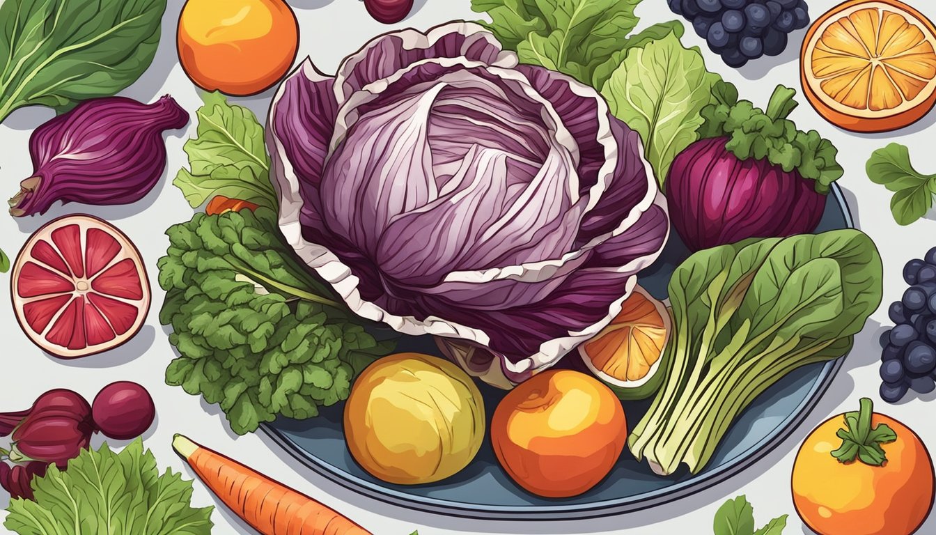 A colorful plate with vibrant radicchio leaves, surrounded by other fresh vegetables and fruits, symbolizing the various health benefits of radicchio