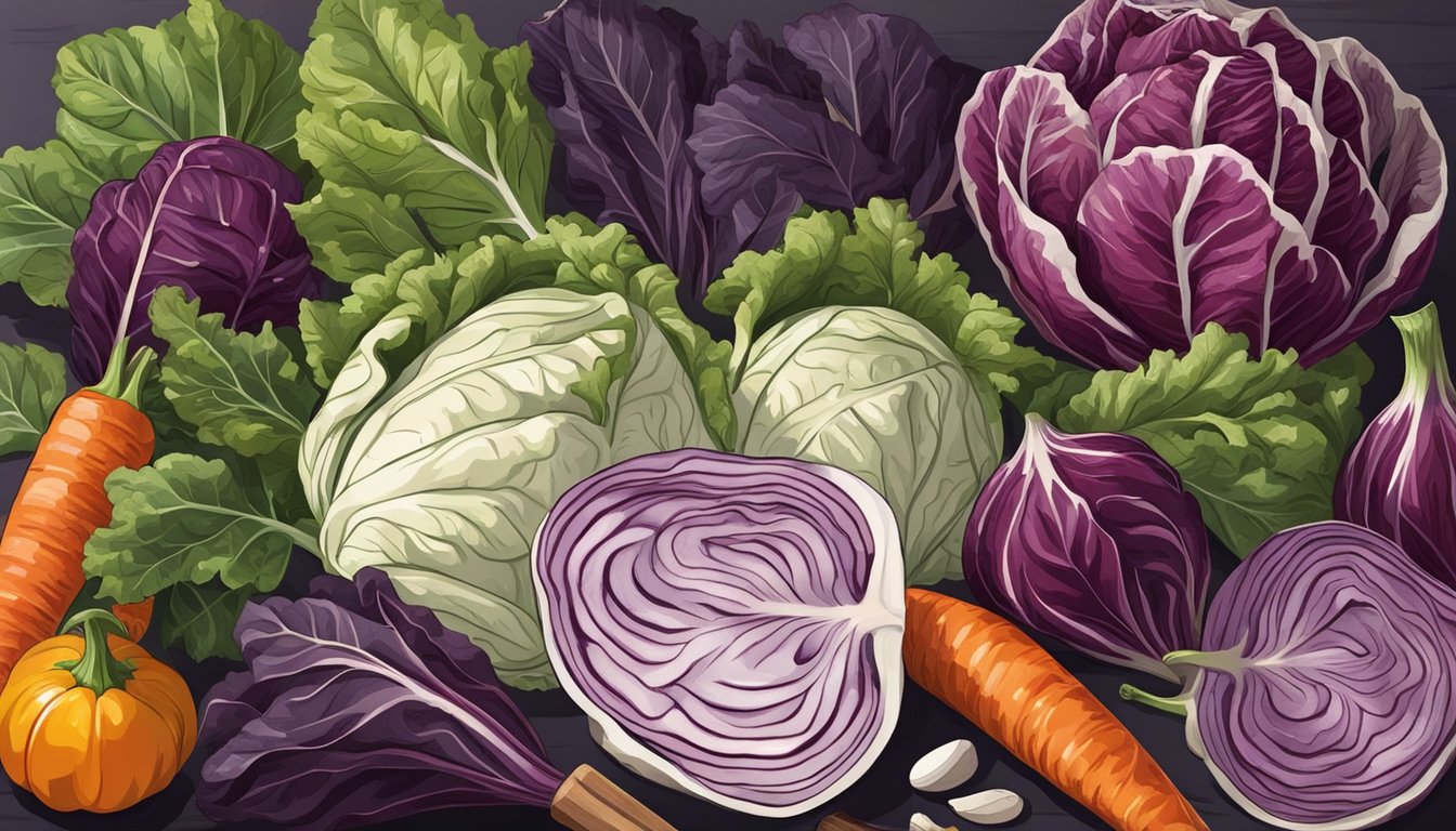 A vibrant radicchio plant with deep purple leaves and white veins, surrounded by other colorful vegetables, with a chef's knife and cutting board nearby