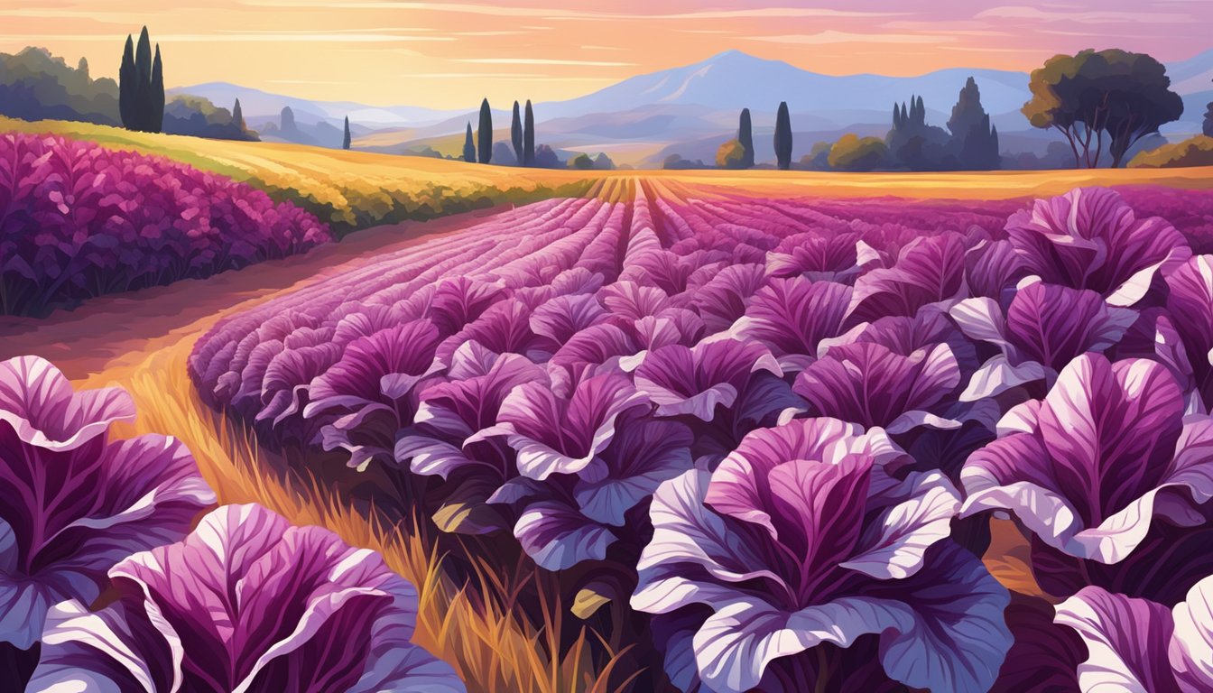 A lush field of vibrant radicchio plants, with their distinctive purple and white leaves, basking in the warm sunlight of a Mediterranean countryside