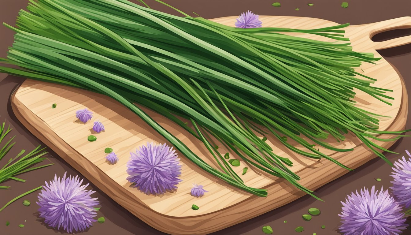 A vibrant bunch of chives, with long, slender green stems and delicate purple flowers, sits next to a cutting board with freshly chopped chives sprinkled on a dish