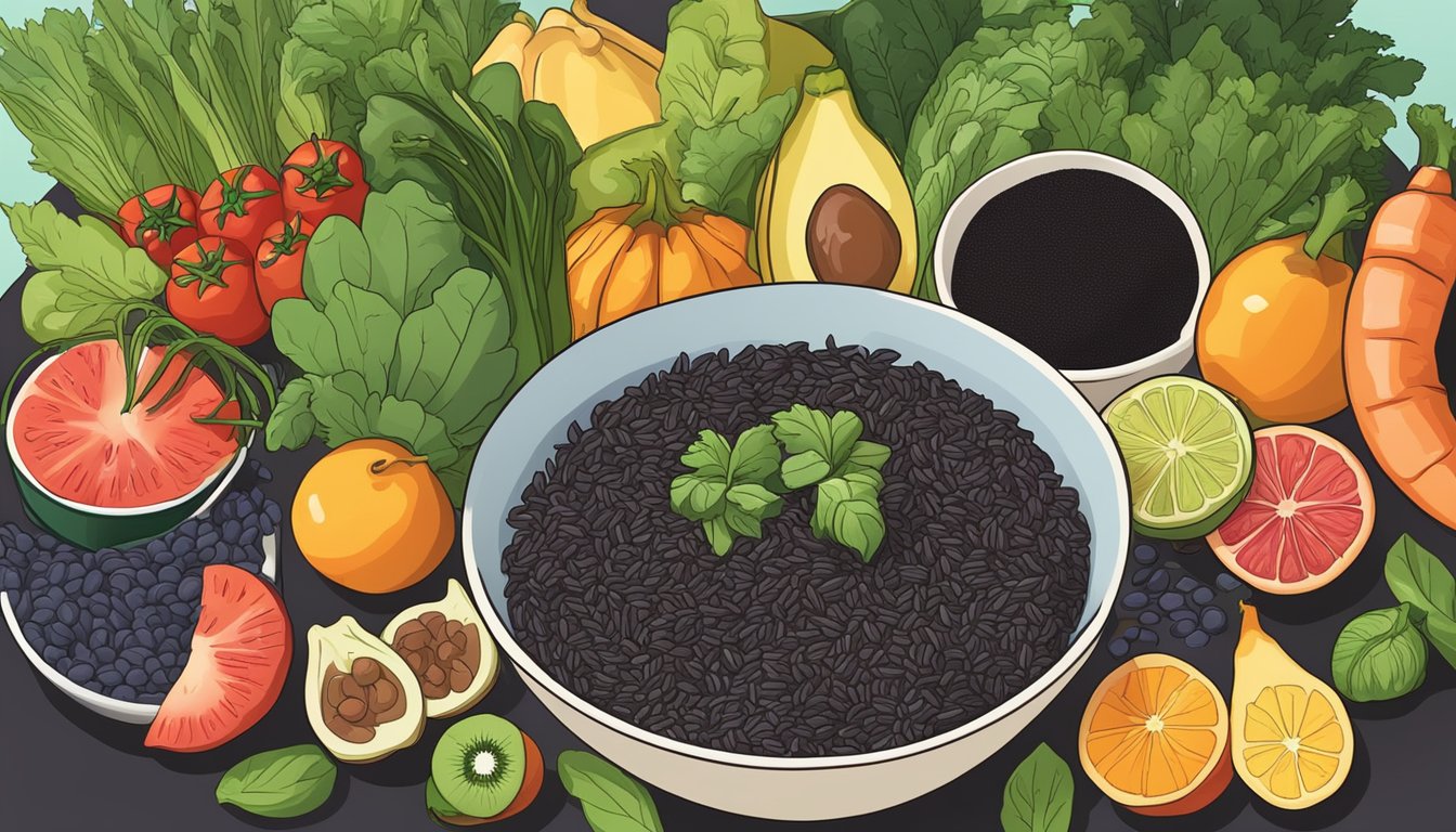 A bowl of black rice surrounded by various fresh fruits and vegetables, emphasizing its potential health benefits