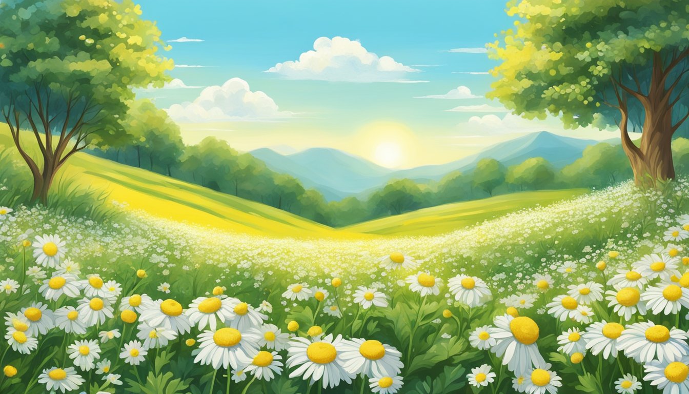 A serene chamomile field with vibrant yellow and white flowers under a clear blue sky, surrounded by lush greenery