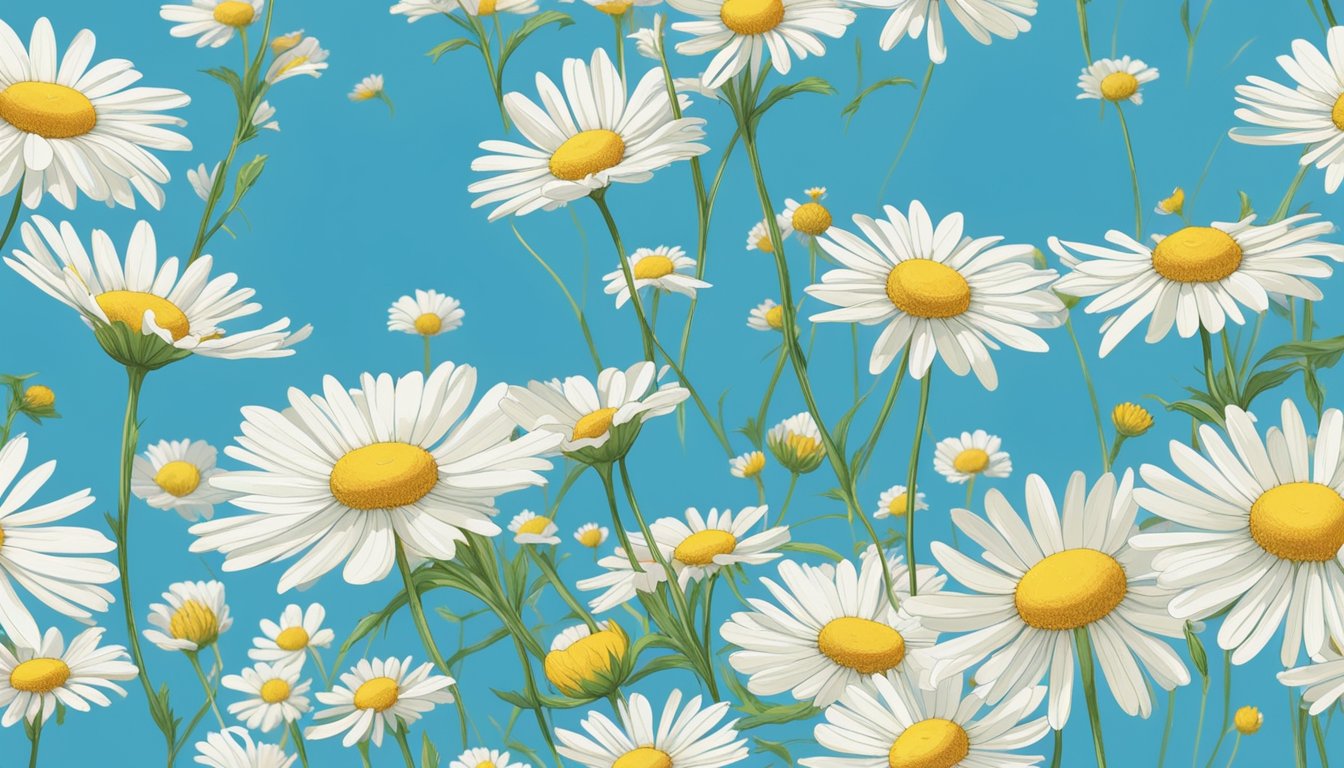 A serene field of chamomile flowers under a clear blue sky, with a gentle breeze causing the petals to sway