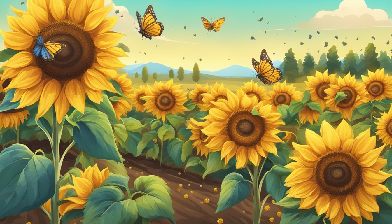 A sunflower field with ripe, golden sunflower heads and scattered seeds on the ground. Bees and butterflies hover around the vibrant flowers