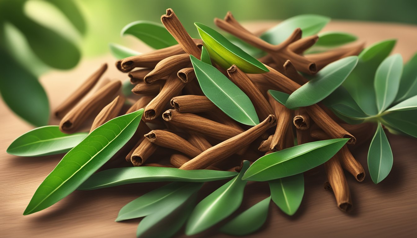 A pile of cloves surrounded by vibrant green leaves, with a beam of sunlight shining down on them, highlighting their aromatic and healthful properties