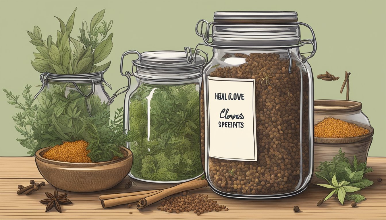 A jar of cloves surrounded by various herbs and spices, with a small sign listing the health benefits and precautions