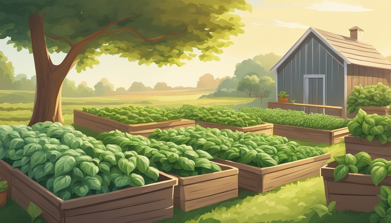 A bright, sunlit garden with rows of lush basil plants. A small shed in the background holds baskets of freshly harvested basil