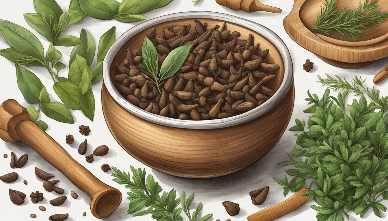 A bowl of cloves surrounded by fresh herbs and spices, with a mortar and pestle nearby