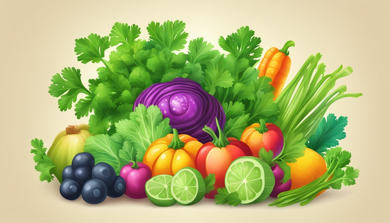 A vibrant bunch of cilantro leaves and stems, surrounded by colorful vegetables and fruits, with a bright, glowing aura emanating from the cilantro