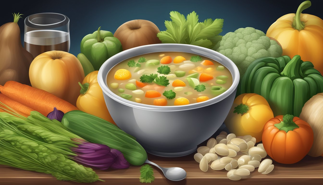 A bowl of barley soup surrounded by various fruits and vegetables, with a bright spotlight shining on it to emphasize its health benefits in disease prevention