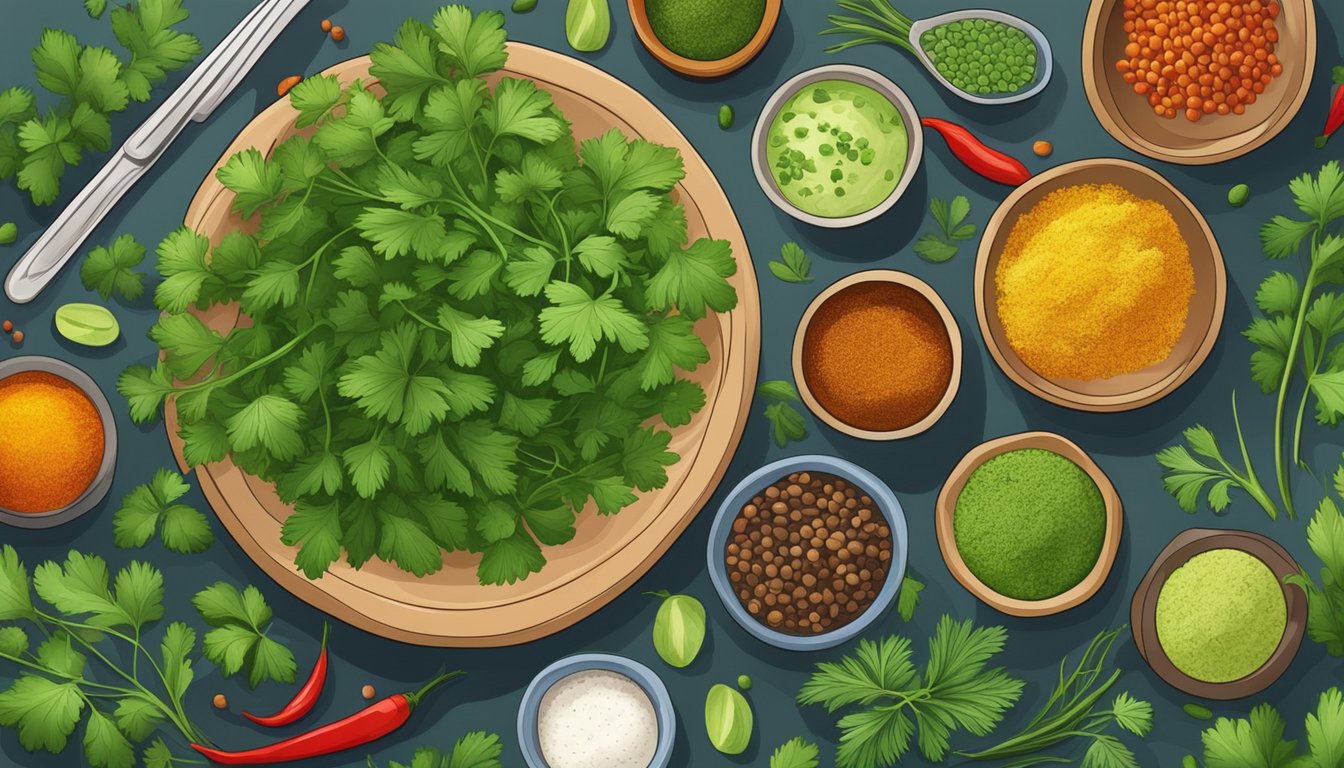 A vibrant bunch of fresh cilantro leaves and stems, surrounded by colorful spices and herbs, with a bowl of nutritious dishes in the background