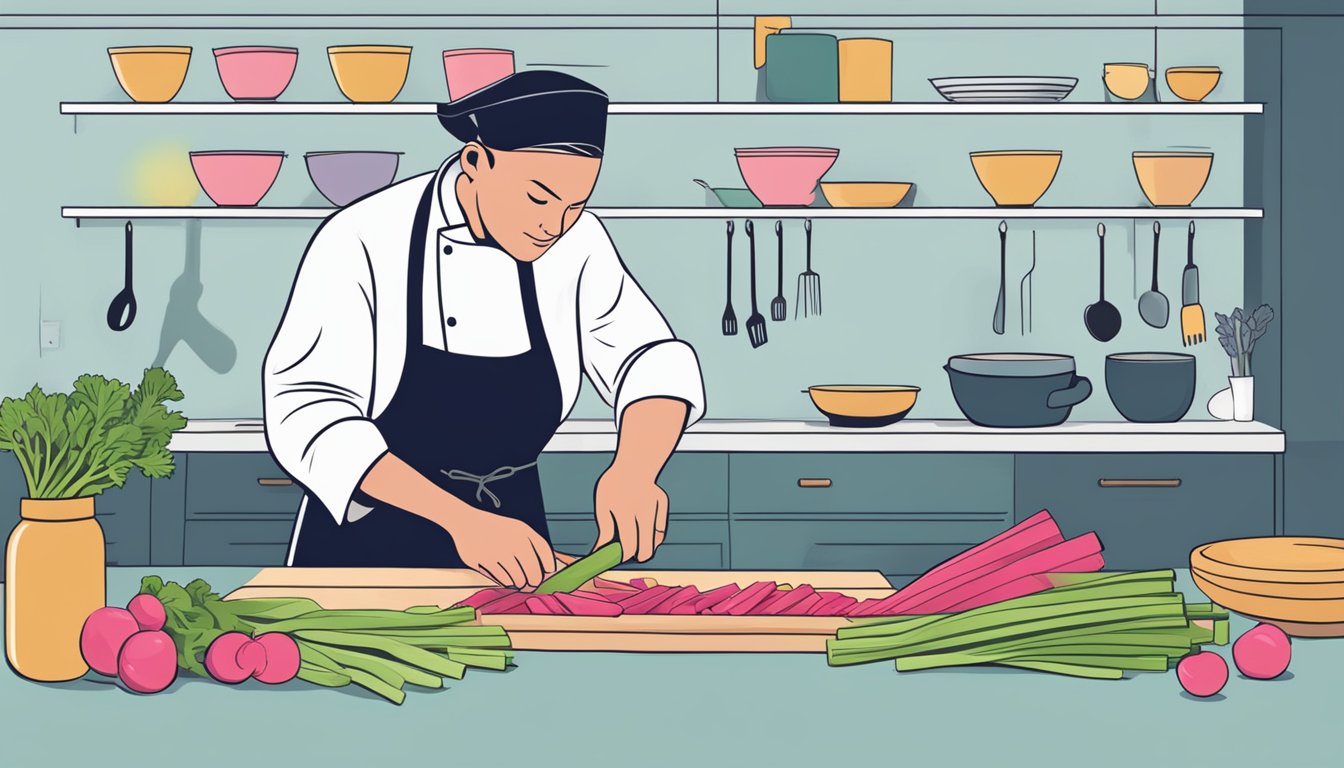 A chef slicing vibrant rhubarb stalks for a pie filling