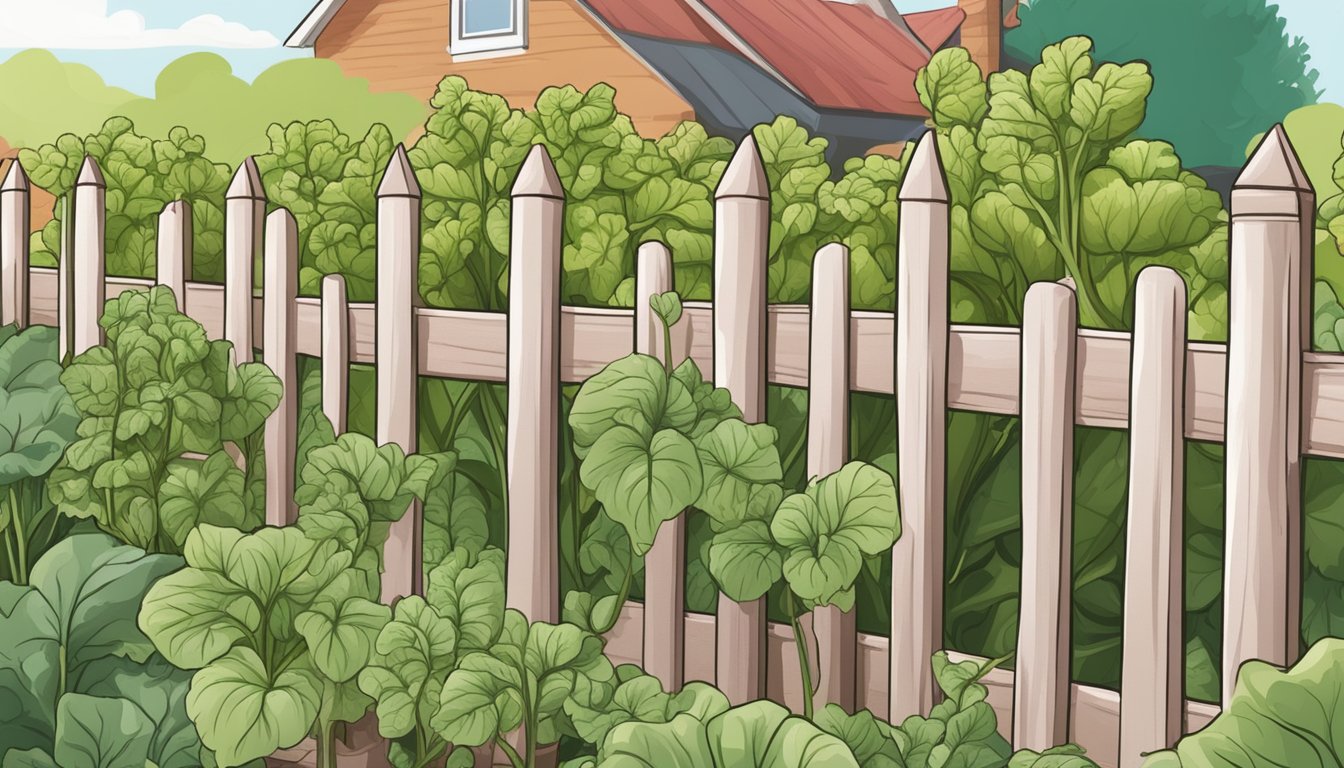 A lush garden with vibrant rhubarb plants towering over a small fence, surrounded by a sign indicating the health benefits of rhubarb